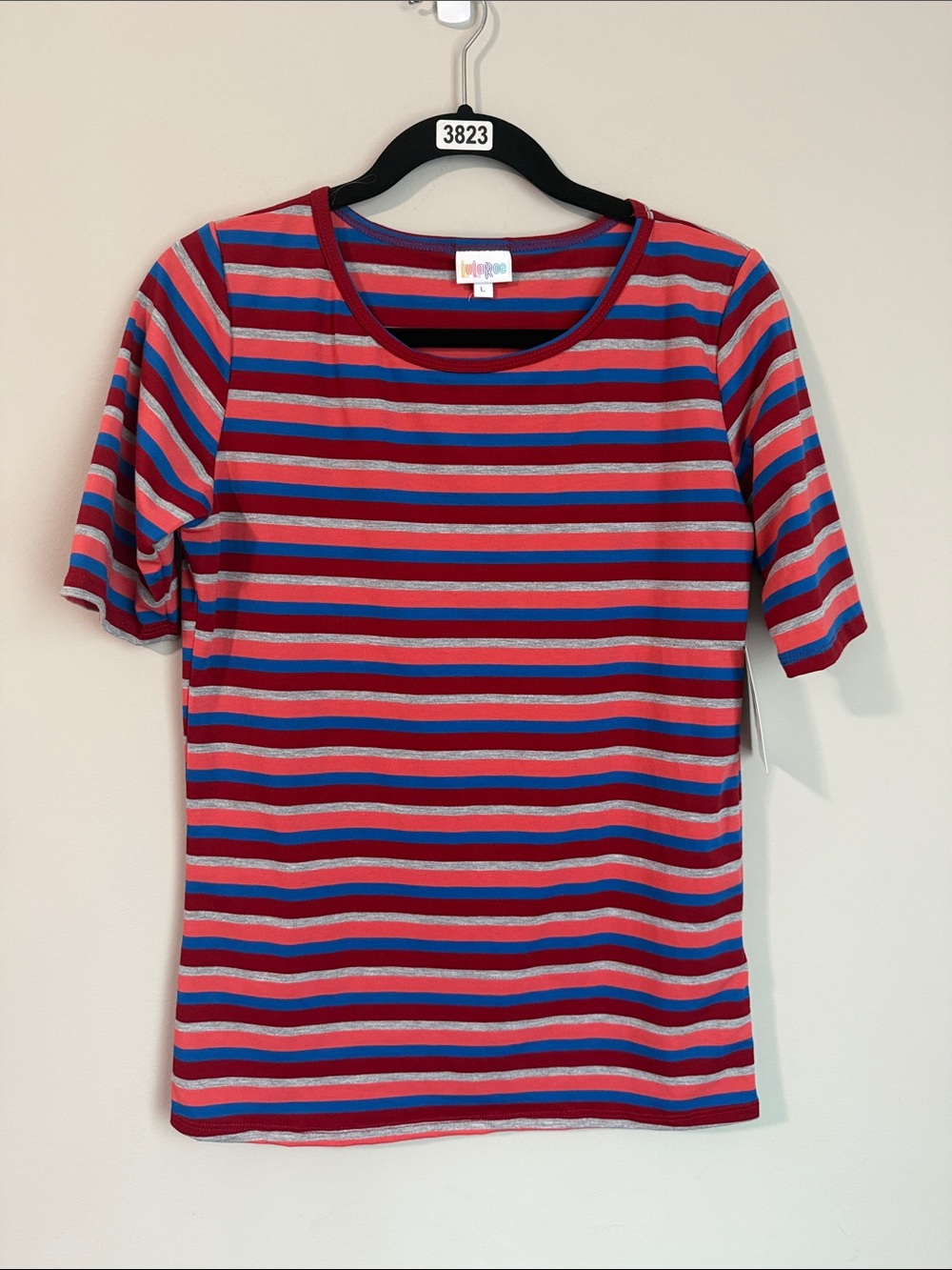 LuLaRoe Red, Blue & Gray Striped Short Sleeve Tee with Maroon Trim